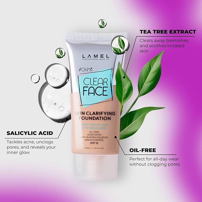 Lamel - Oh my Clear Face Foundation-404 Custard | Contains tea tree extract and salicylic acid |Controls sebum production |Anti-blemish formula |Oil free foundation | 40ml