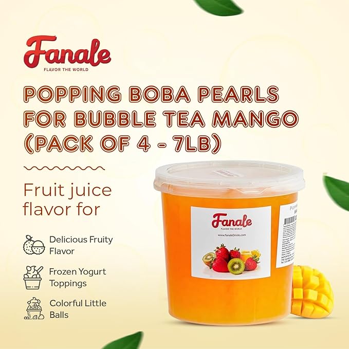 Fanale Mango Popping Boba Pearls, Vegan, Non GMO, Gluten Free, Fat Free, Perfect for Bubble Tea, Smoothies, Ice Cream, Desserts, and Beverages.