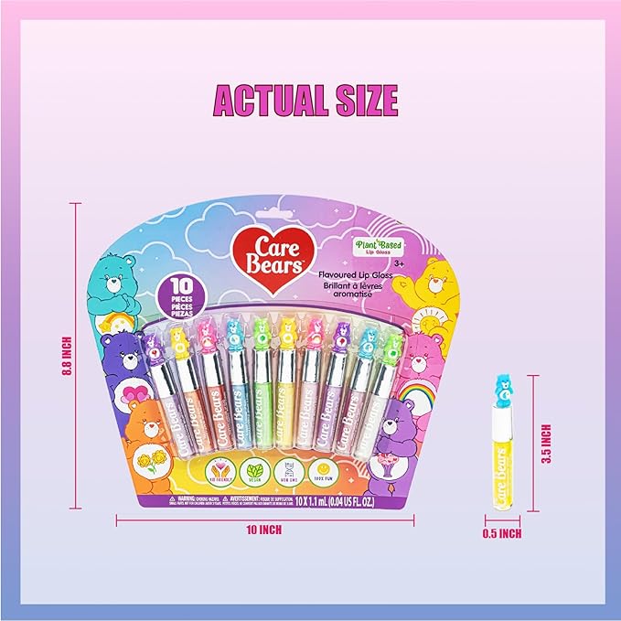 Care Bears 10 Piece Plant Based Lip Gloss, Girls Party Favors, First Makeup Set for Girl, Perfect for Parties, Sleepovers, and Birthday Gifts, Ages 3+, by Townley Girl