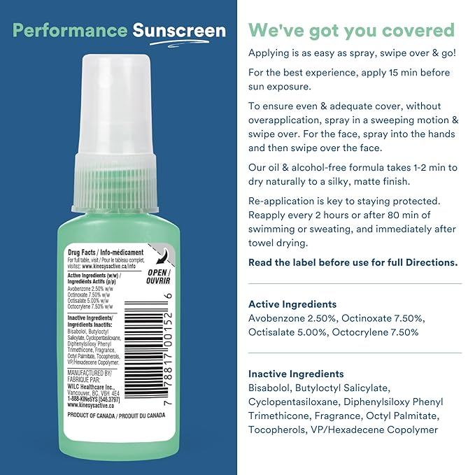 KINeSYS Performance Sunscreen Vanilla-Green Tea Scented Clear Spray, SPF 30, Hypoallergenic, Broad Spectrum UVA/UVB protection for Face & Body; Alcohol, Vegan, 170+ Sprays, 1 fl. Oz (Pack of 2)