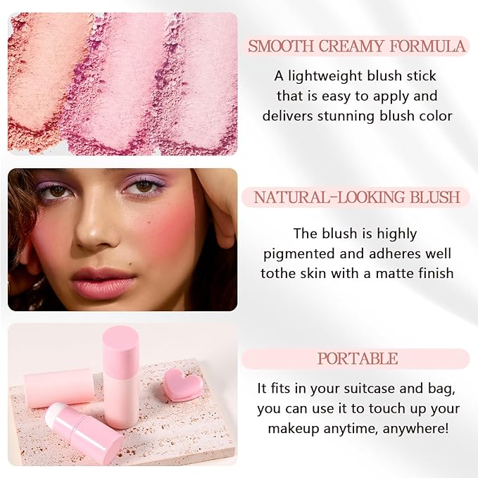 Boobeen Blush Stick, Lightweight Blendable Blush Tint Cheek Blusher, Blush Makeup Stick with Cushion Applicator, Smooth Creamy Blush Beauty Wand for Cheek Lip Eye, Creates Natural Matte Finish