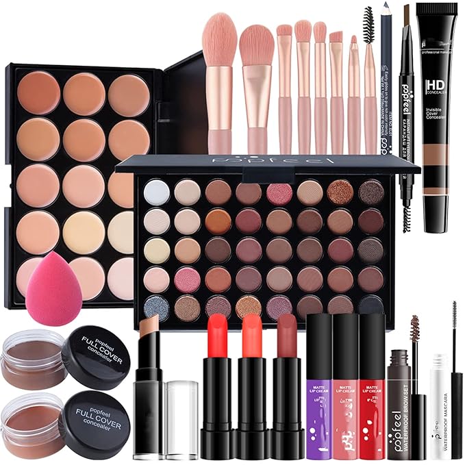MAEPEOR All In One Makeup Kit for Girls Women 27 Piece Full Makeup Gift Set with Eyebrow Pencil Eyeliner Eyeshadow Palette Mascara Foundation Concealer Lip Gloss Lipstick Makeup Remover Makeup Brush (POP004B)