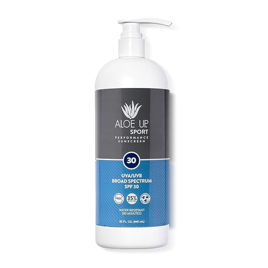Aloe Up Sport Sunscreen Lotion SPF 30 - Broad Spectrum UVA/UVB Sunscreen Protector for Face and Body With Hydrating Aloe Vera Gel Non-Greasy No White Cast Reef Safe Fragrance-Free - 32 Oz.