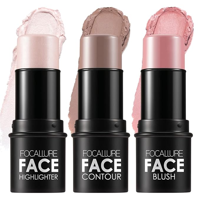 FOCALLURE 3 Pcs Cream Contour Sticks,Shades with Highlighter & Bronzer & Blush,Non-greasy Long-wear Face Contouring Pen,Easy to Sculpt the Face and Create a Lightweight Finishing Makeup,FAIR-LIGHT
