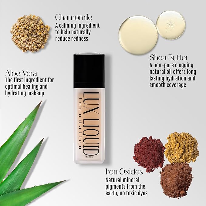 Organic Aloe-Based LUX Liquid Foundation, Natural Vegan Gluten-Free Made in USA, Hazelnut
