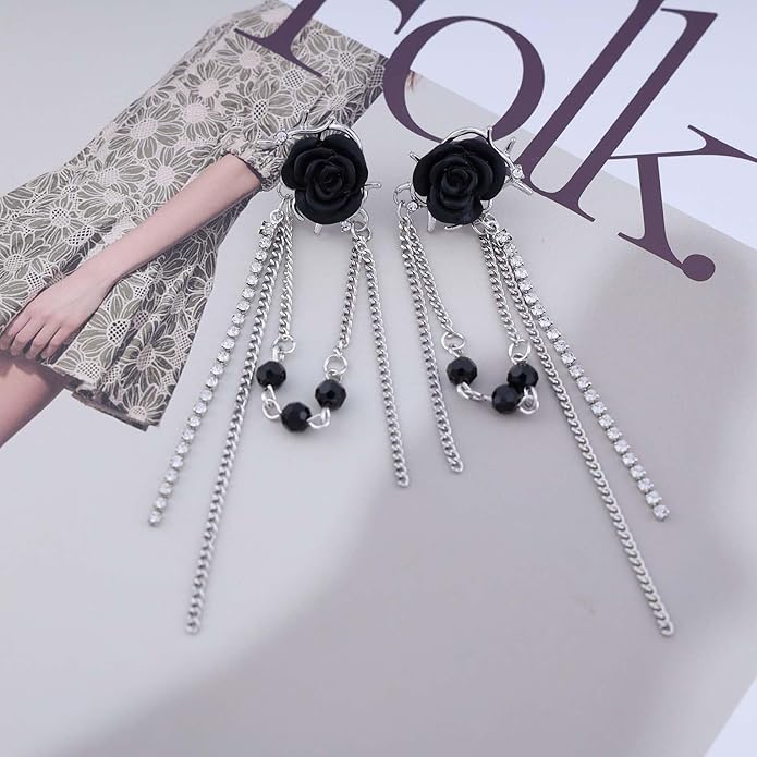 Punk Black Rose Flower Earring Long Rhinestone Chain Drop Earrings Silver Cz Tassel Chain Earrings Black Rose Flower Ear Cuff Earring Jewelry for Women