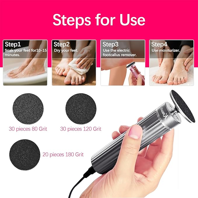 5.3'' Electric Foot Callus Remover with 80pcs Sandpaper Discs & Brush, Professional Aluminum Ergonomic Pedicure Tool, Stepless Speed & Reverse Control for Dead Skin Removal (Grey)