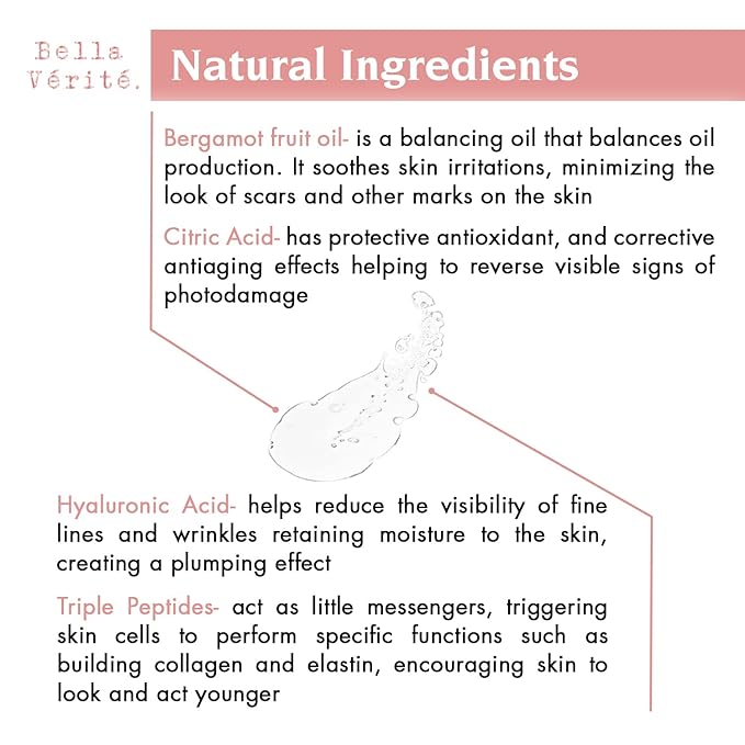 Bella Vérité. Vegan, Tri-Peptide Eye Serum for Mature Skin, Under Eyes to Smooth Fine Lines, Brighten Dark Circles and De-Puff Bags with Hyaluronic Acid, Bergamot, and Triple Peptides, 1 Fl Oz