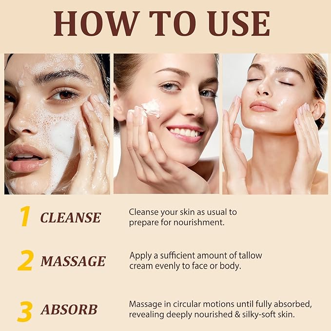 Organic Beef Tallow for Skin, Tallow Face Moisturizer, Tallow and Honey Balm, Grass-Fed Whipped Beef Tallow and Honey Cream, Deeply Moisturizing for Face & Body, Suitable for Dry & Aging Skin,4.2 oz