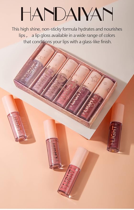 6PCS Lip Oil Light Lipgloss Set, Moisturizing Hydrating Lip Glow Oil Lip Gloss Kit High Shine Lip Plumping Glass Finish Lip Gloss Liquid Lipstick for Women (Set B)