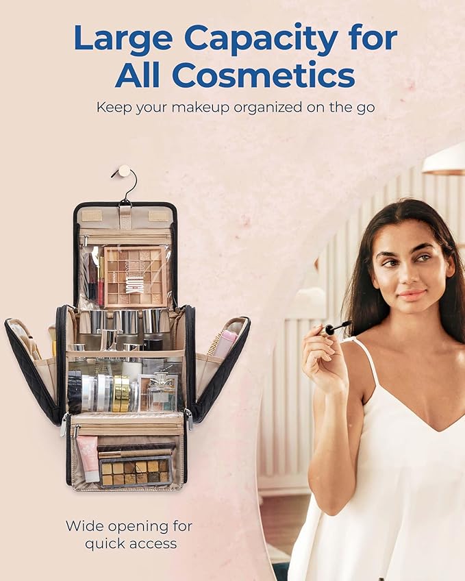 BAGSMART Makeup Bag for Women with Hanging Hook, Large Portable Capacity Water-resistant Organizer Travel Case for Toiletries and Cosmetics, Blue