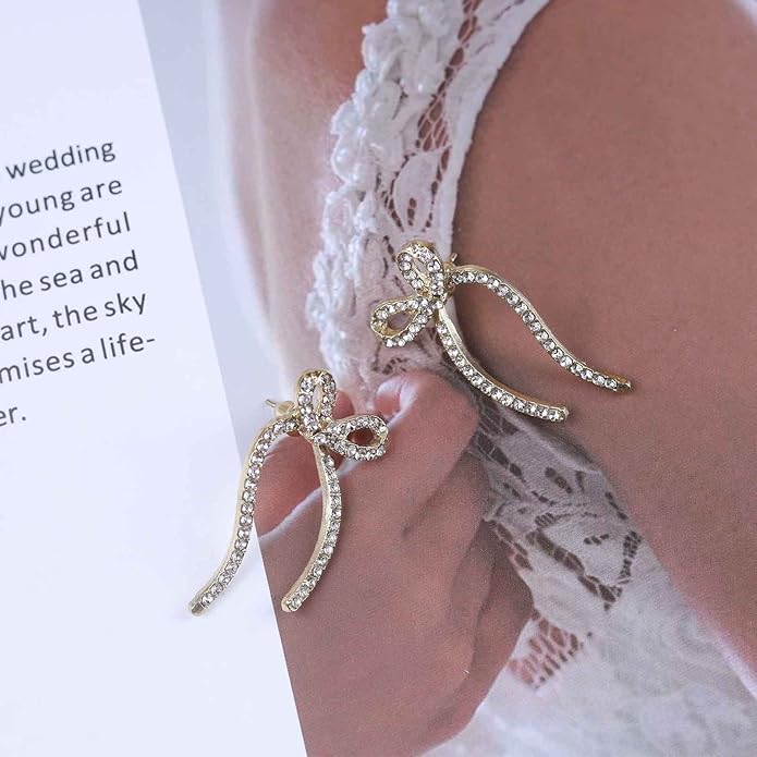 Vintage Crystal Bow Earrings Rhinestone Bow Drop Earrings Long Cz Rhinestone Earrings Gold Bow Cz Stud Earrings Jewelry for Women