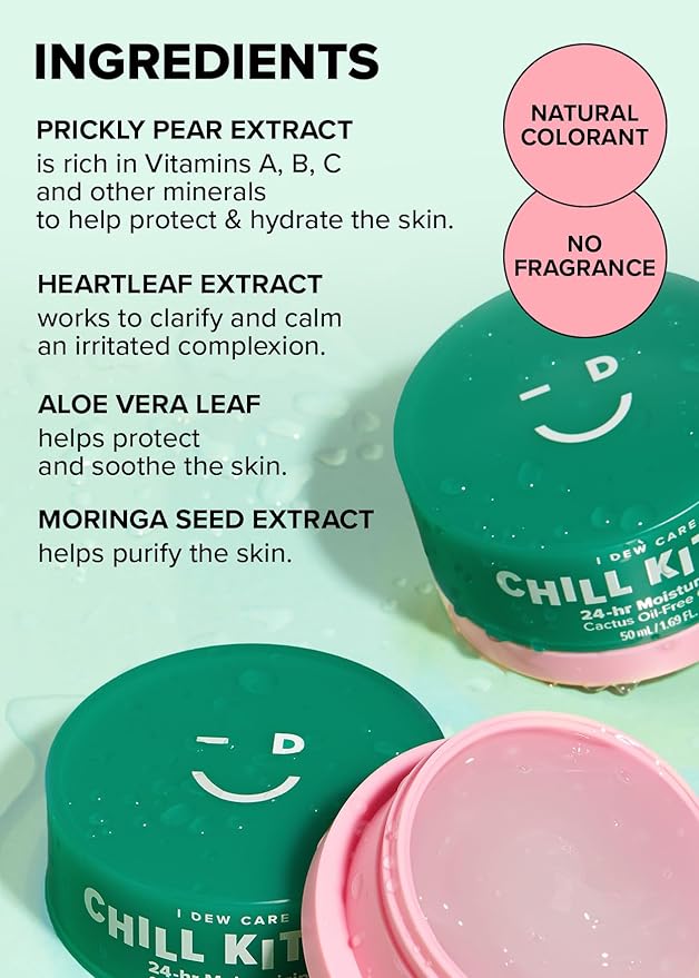 I DEW CARE Heartleaf Face Cream - Chill Kitten | Moisturizer with Moringa Seed, Prickly Pear, Aloe Vera Gel, Cactus Oil-Free, Glass Skin Look, Daily Use, Mother's Day, 1.69 FL Oz