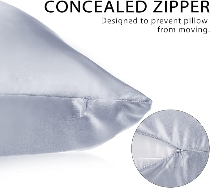 2 Pack Satin Pillowcase with Latent Zipper, Adjustable Satin Eye Mask for Sleeping and Satin Volume Scrunchie for Hair and Skin, Standard Size (Silver,Classic Style)