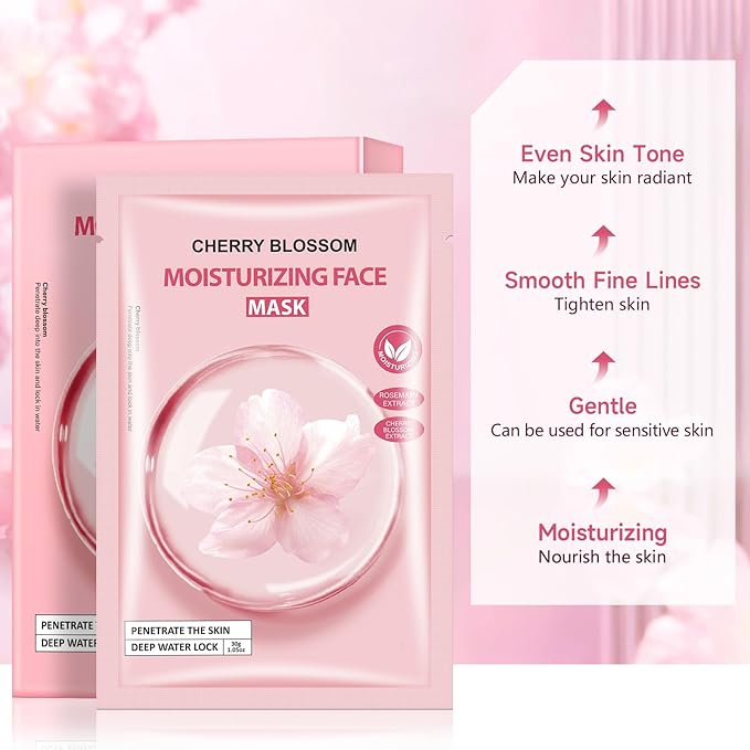 5 Pack Sheets Face Masks Skincare For All Skin Types, Cherry Facial Sheet Masks, Hydrating Facial Sheets Mask for Firming, Sheet Mask with Cherry Blossom Face Mask for Glowing Skin
