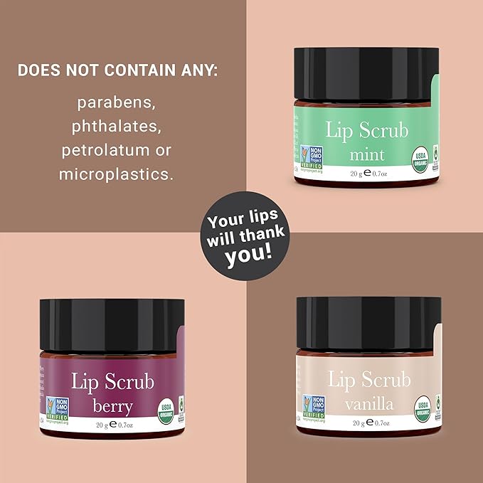 Organic Lip Scrub Vanilla - Lip Scrubs Exfoliator & Moisturizer, Lip Exfoliator Scrub, Sugar Lip Scrubs, Lip Sugar Scrub, Lip Care Products for Chapped Lips, Lip Scrubber, Lip Moisturizer for Dry Lips