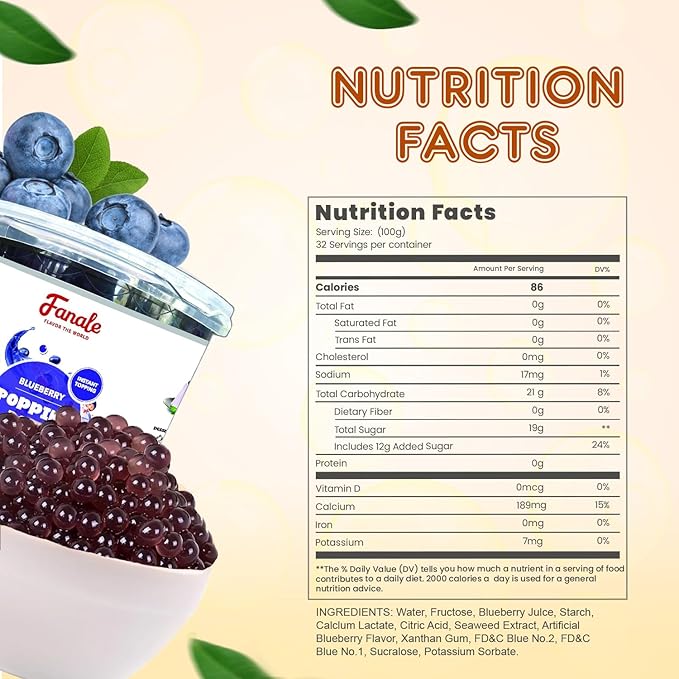 Fanale Blueberry Popping Boba Pearls, Vegan, Non GMO, Gluten Free, Fat Free, Perfect for Bubble Tea, Smoothies, Ice Cream, Desserts, and Beverages.