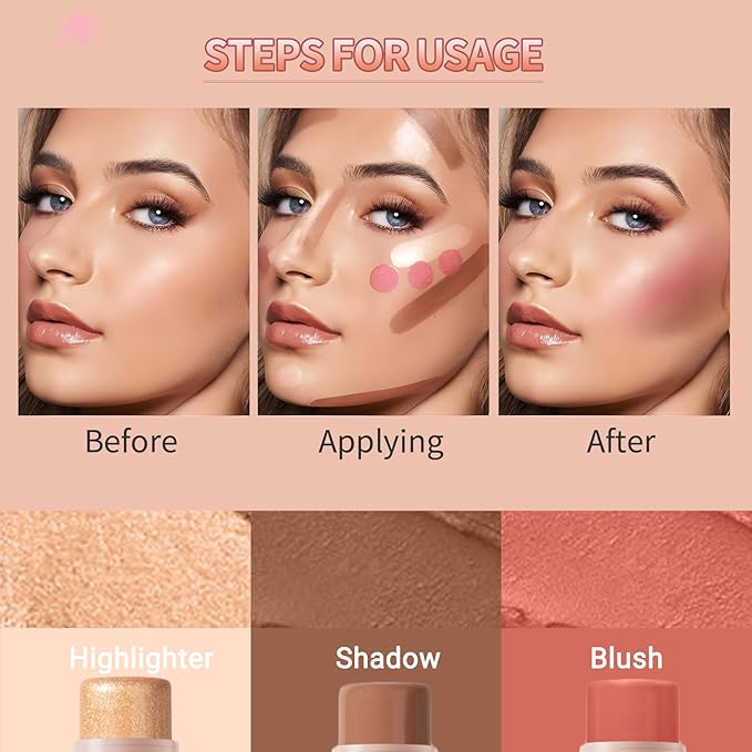 3pcs Face Contour Stick, Highlighter Stick Blush Stick Teen Girls