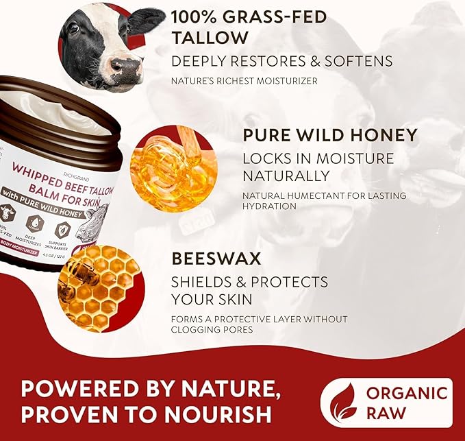 Beef Tallow for Skin, 4 Pack (17.2 fl oz) - Whipped Grass-Fed Moisturizer with Wild Honey & Beeswax, Natural Face & Body Care, Deep Hydration, Anti-Aging, Sensitive Skin Safe