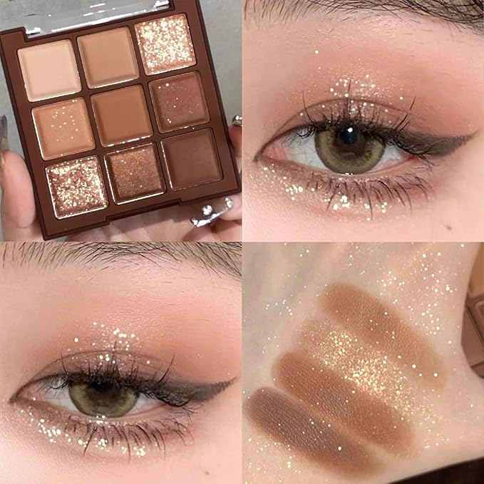 Erinde 9 Colors Eyeshadow Palette, Matte Shimmer Glitter Eye Shadow Palette Makeup, Highly Pigmented Long Lasting Waterproof, Natural Neutral Nude Eyeshadow Makeup Pallet, Chocolate Brown