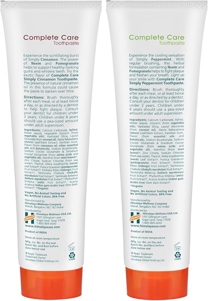 Himalaya Botanique Complete Care Toothpaste, Peppermint and Cinnamon - Fluoride Free Toothpaste for Clean Teeth & Fresh Breath - Vegan, Gluten Free, No Artificial Flavors, 5.29 oz (Pack of 2)