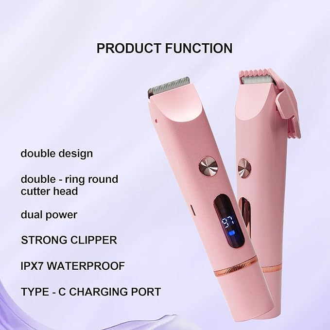 2025 Upgraded Bikini Trimmer for Women & 2 in 1 Dermave Bikini Shaver with LCD Display, Dual Head Cordless Electric Shaver, IPX7 Waterproof Wet/Dry Body Hair Trimmer for Face Body Intimate Areas,Pink