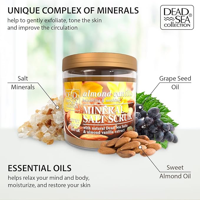 Dead Sea Collection Almond Vanilla Salt Scrub – Exfoliating Body Scrub for Women – Moisturizing and Nourishing Skin – with Pure Oils and Dead Sea Minerals (23.28 Oz)