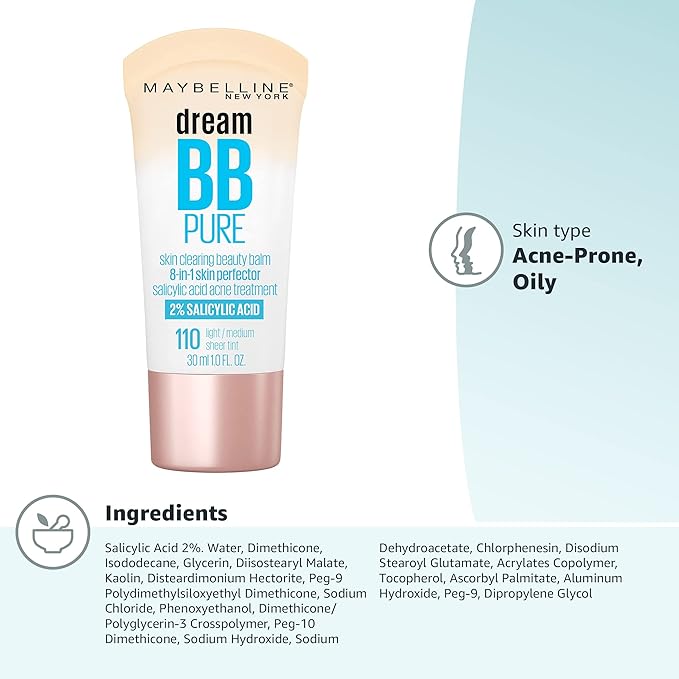 Maybelline Dream Pure Skin Clearing BB Cream, 8-in-1 Skin Perfecting Beauty Balm With 2% Salicylic Acid, Sheer Tint Coverage, Oil-Free, Light/Medium, 1 Count