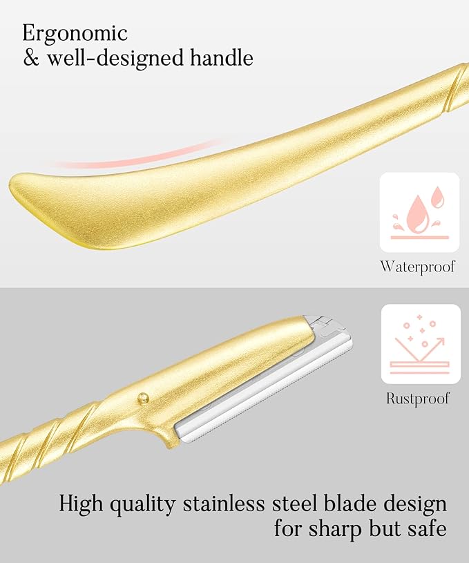 ennva Eyebrow Razor for Women - Eyebrow Trimmer Dermaplaning Tool- Ergonomic Eyebrow Shaper and Facial Razor for Peach Fuzz-Exfoliating Face Razor for Eyebrows-Eye Brow Shaver Razors w/ 7 Blades- Gold
