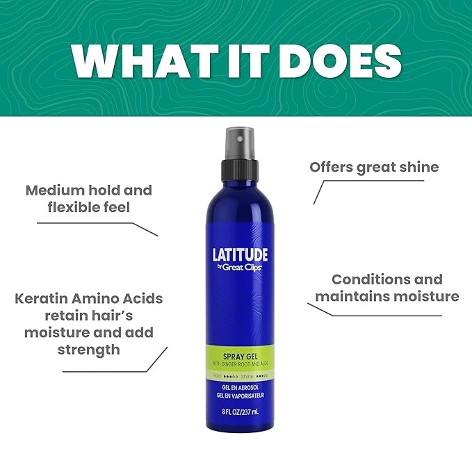 GREAT CLIPS LATITUDE Spray Gel | Hair Gel for Men | Medium Hold + Medium Shine | 8oz