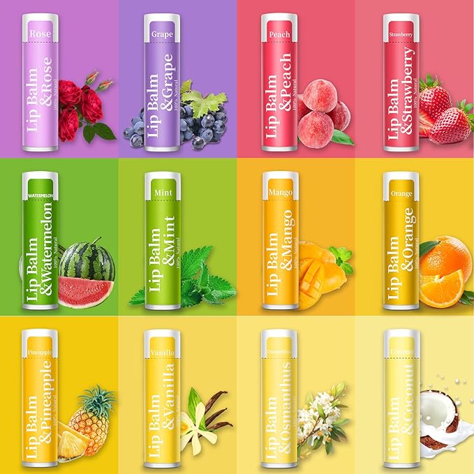 126 Pcs Lip Balm Bulk, 12 Flavored Pack of Lip Balms Natural Lip Balm Pack Moisturising Organic Lip Balm Set for Cracked Lips, Bulk Gifts Stocking Stuffers Party Favors(4.2g/0.15oz)