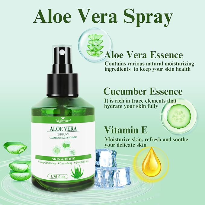 Aloe Vera Spray for Whole Body Skin, Aoe Vera Spray Extract from Freshly Cut Aloe and Infused wirh Cucumber Essence，Fast Absorbing, Easy to Use, Travel Set, 1.73 oz