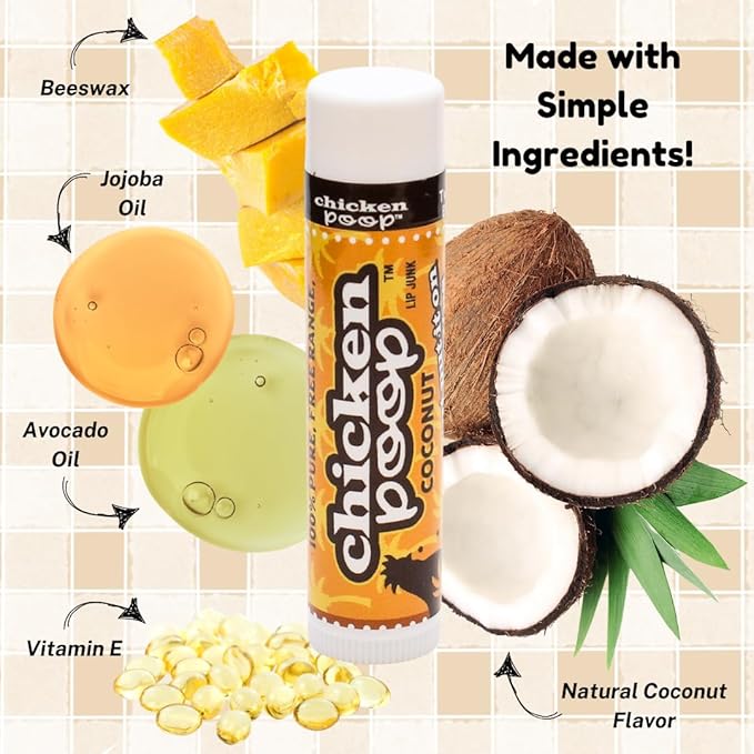 Chicken Poop Lip Balm Simone Chickenbone 100% Natural Moisturizer for Dry, Chapped Lips, Combo (Original, Mint, Outdoors with SPF 30, Coconut), 4 Pack