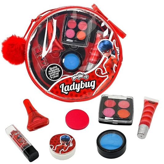 Miraculous Ladybug Kids Makeup Set - 10 Piece Bag with Nail Polish, Hair Chalk, Stickers & More - Safe, Non-Toxic Pretend Play Cosmetics - Miraculous Ladybug Themed Makeup Kit for Children