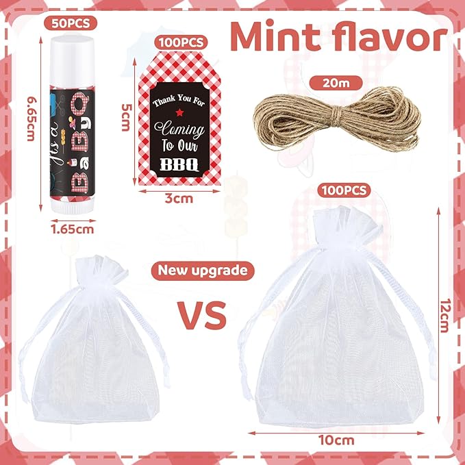 Demissle 50 Pcs Baby Shower Lip Balm Gift Set with 100 Pcs Organza Bags Baby Shower Party Favor for Guest Thank You Tag Rope Baby Shower Party Decoration Gender Reveal Souvenirs (Bbq)