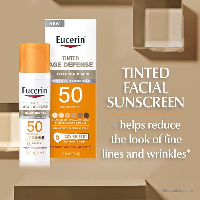 Eucerin Sun Tinted Age Defense SPF 50 Face Sunscreen Lotion, Hypoallergenic, Fragrance Free Tinted Sunscreen SPF 50 with Hyaluronic Acid, 2.5 Fl Oz Bottle