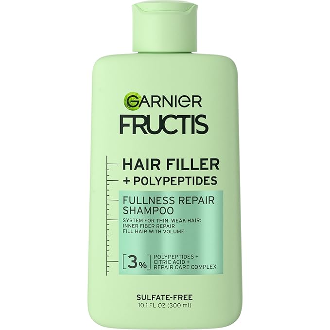 Garnier Fructis Hair Filler Fullness Repair Shampoo, Volumizing Shampoo with Polypeptides and Hair Repair Complex for Thin, Weak Split Ends, 10.1 Fl Oz