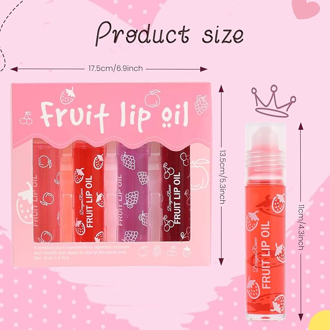 4-Piece Lip Gloss Set for Girls - Roll-On Lip Oil, Long Lasting Lip Care, Shining Clear Hydrating Glossy Tinted Balm