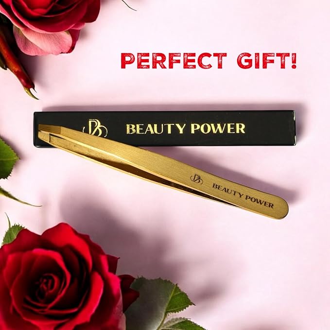 Professional Tweezers - Slant, Durable Lightweight German Stainless Steel, Ultra Precision Tweezers for Eyebrows, Facial Hair, Chin, and Ingrown Hair Removal - Gift (Matte Gold)