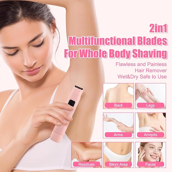 Bikini Trimmer for Women - 2 in 1 Women Electric Shaver Dual Head IPX7 Waterproof Wet & Dry Use Body Hair Trimmer and Facial Hair Remover for Bikini Underarm Leg Arm Body Face, Pink
