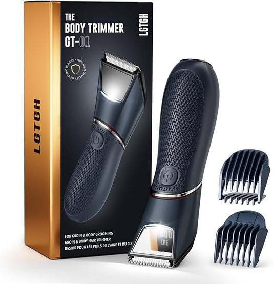 Body Trimmer for Men: Pubic Hair Trimmer with Mirror & LED Light - IPX7 Waterproof Wet/Dry Use for Chest/Back/Groin -Ceramic Blades & Travel Lock - No Nicks/Cuts Ball Shaver