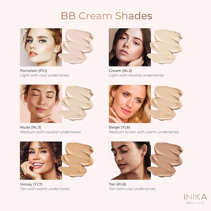INIKA Organic BB Cream Foundation - Vegan Makeup with Hydrating Prickly Pear, Jojoba, and Pomegranate Seed Oil - Lightweight Glow for Balanced Skin Tone, Beige, 1 fl oz