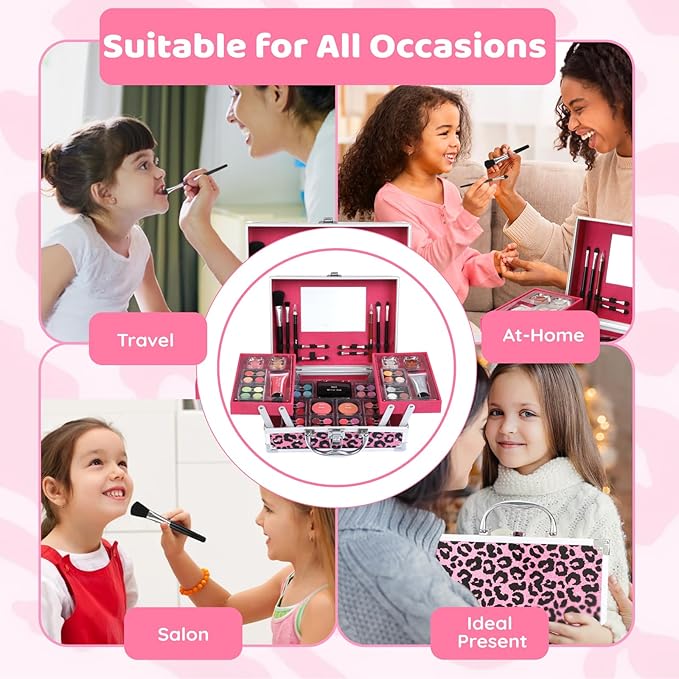 Anpro All-In-One Leopord Double Folding Makeup Carry Case with Pro Teen Makeup Set, Full Starter Kit with Makeup Brushes, Lipsticks, Eyeshadow Palette, Blushes, Glitter Gel, Ideal Present for Girls