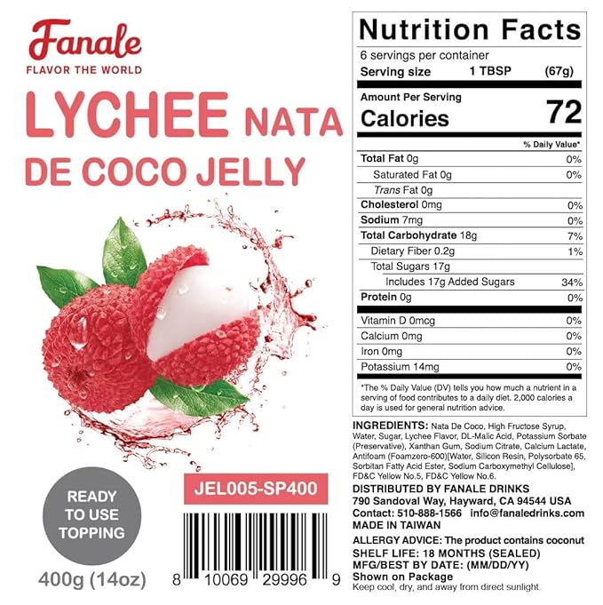 Fanale Coconut Jelly Topping nata de coco for Bubble Tea 400 g | Lychee Jelly | for Boba Tea, Smoothies, Slushes, Desserts 400g