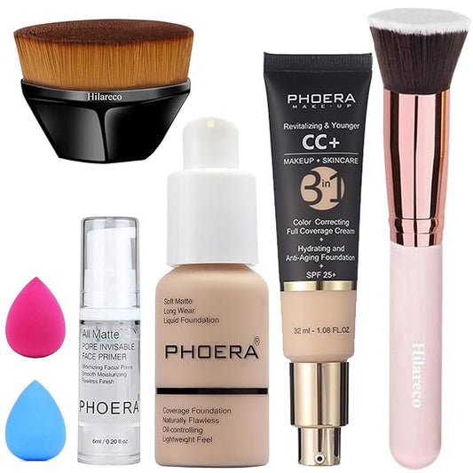 PHOERA Foundation,PHOERA CC Cream Foundation Color Correcting Anti Aging Hydrating Serum &SPF 25+,PHOERA Primer, PHOERA Makeup Foundation, Makeup Brushes (102 Nude+100 Porcelain CC Cream)