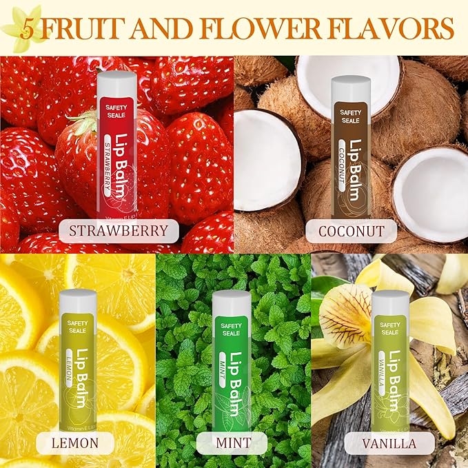 5 Pack Lip Balm Natural Lip Balm Bulk with Shea butter and Coconut Oil Moisturizing, Soothing, and Repairing for Chapped Lips Party Favors adults kids - 5 flavors 0.15 Oz