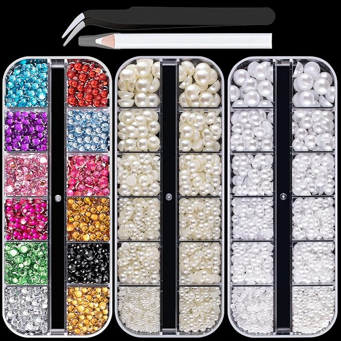 Flat Back Rhinestone+Half Round Pearl Kits Colorful Rhinestones+White+Beige Pearls With Picker Pencil And Tweezer For Home DIY And Professional Use