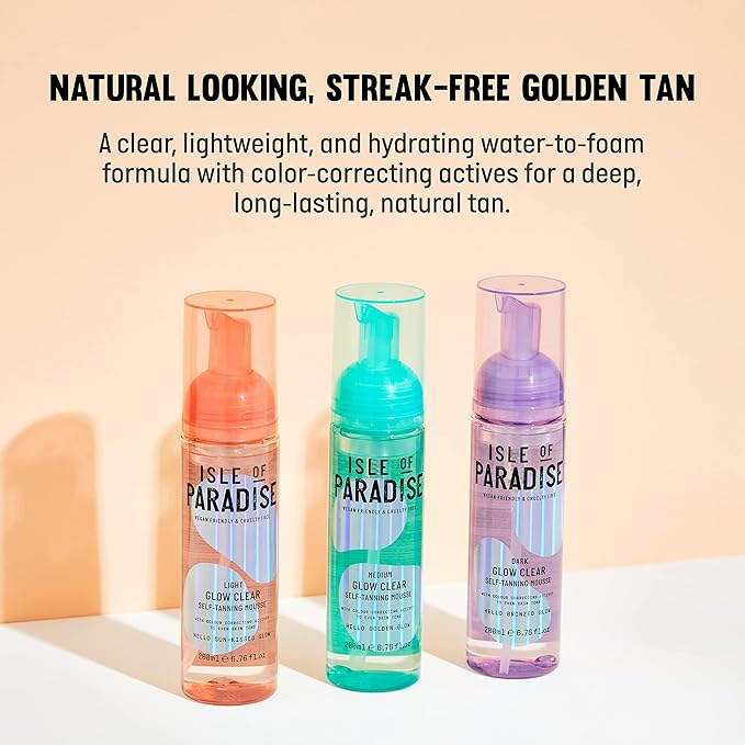 Isle of Paradise Glow Clear Self Tanning Mousse, Light (Sunkissed Glow) - Brightening and Color Correcting Tanning Foam, Vegan and Cruelty Free, 6.76 Fl Oz