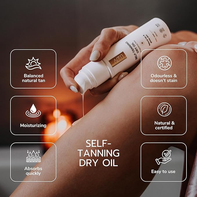 Self Tanning Dry Oil, Light tone, Ecocert COSMOS Natural certfied, gives a beautiful natural tan, no smell, natural, vegan, easy to use, streak free, hydrating and rejuvenating your skin