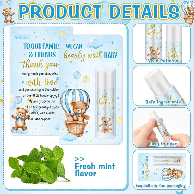 50 Pack Baby Shower Lip Balm Bulk Bear Baby Shower Favors Baby Mint Flavor Lip Balm Baby Shower Gifts for Guest Bear Themed Baby Shower Thank You Gifts Girls Boys Games Gender Reveal Favors